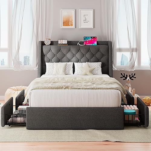 Feonase Twin Bed Frame with 4 Storage Drawers, Upholstered Wingback Headboard, Easy Assembly, Dark Grey