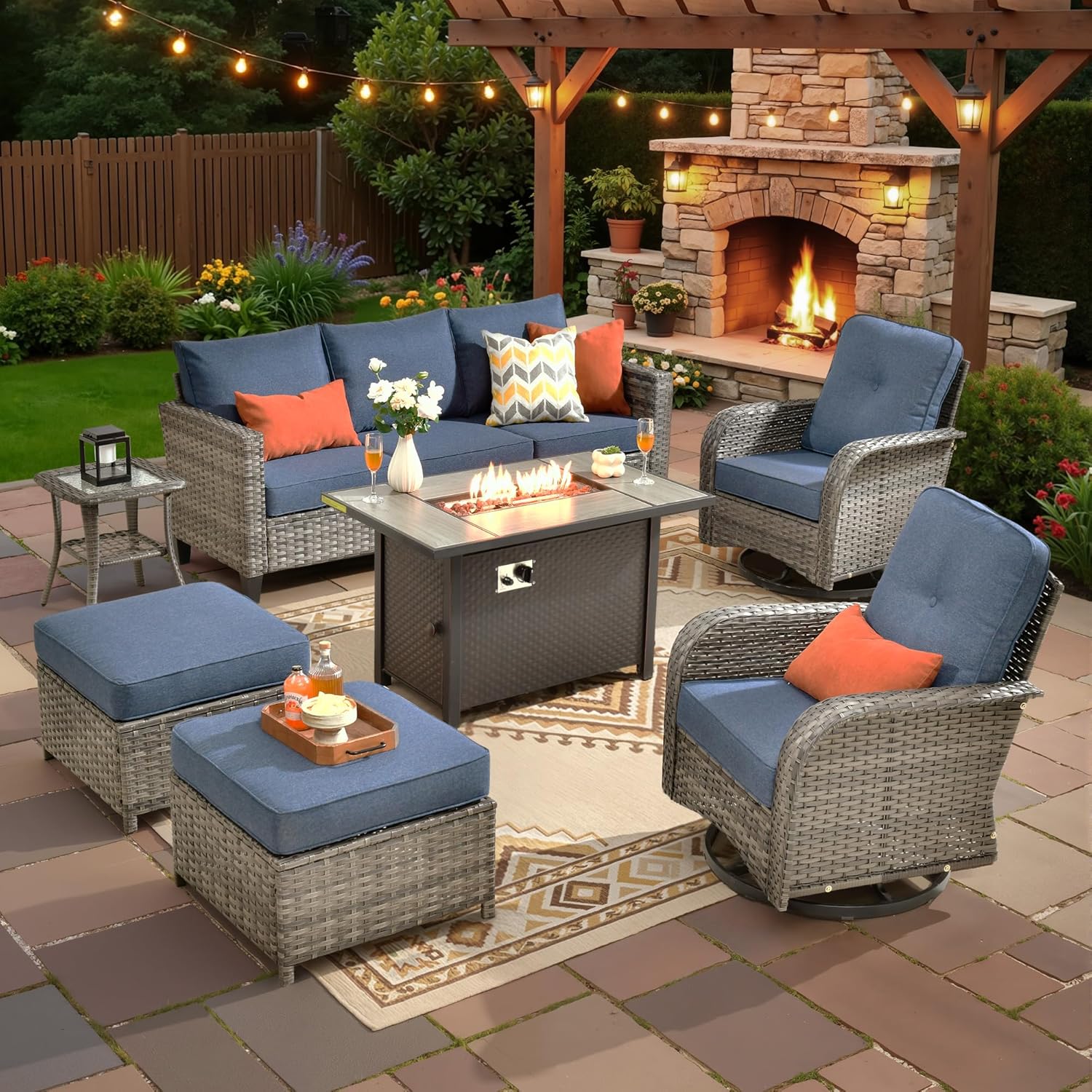 CAODOC 7 Pieces Outdoor Furniture,Patio Furniture with 42" Fire Pit Table,Wicker Conversation Set for Balcony,Deck,Pool and Backyard(Blue)