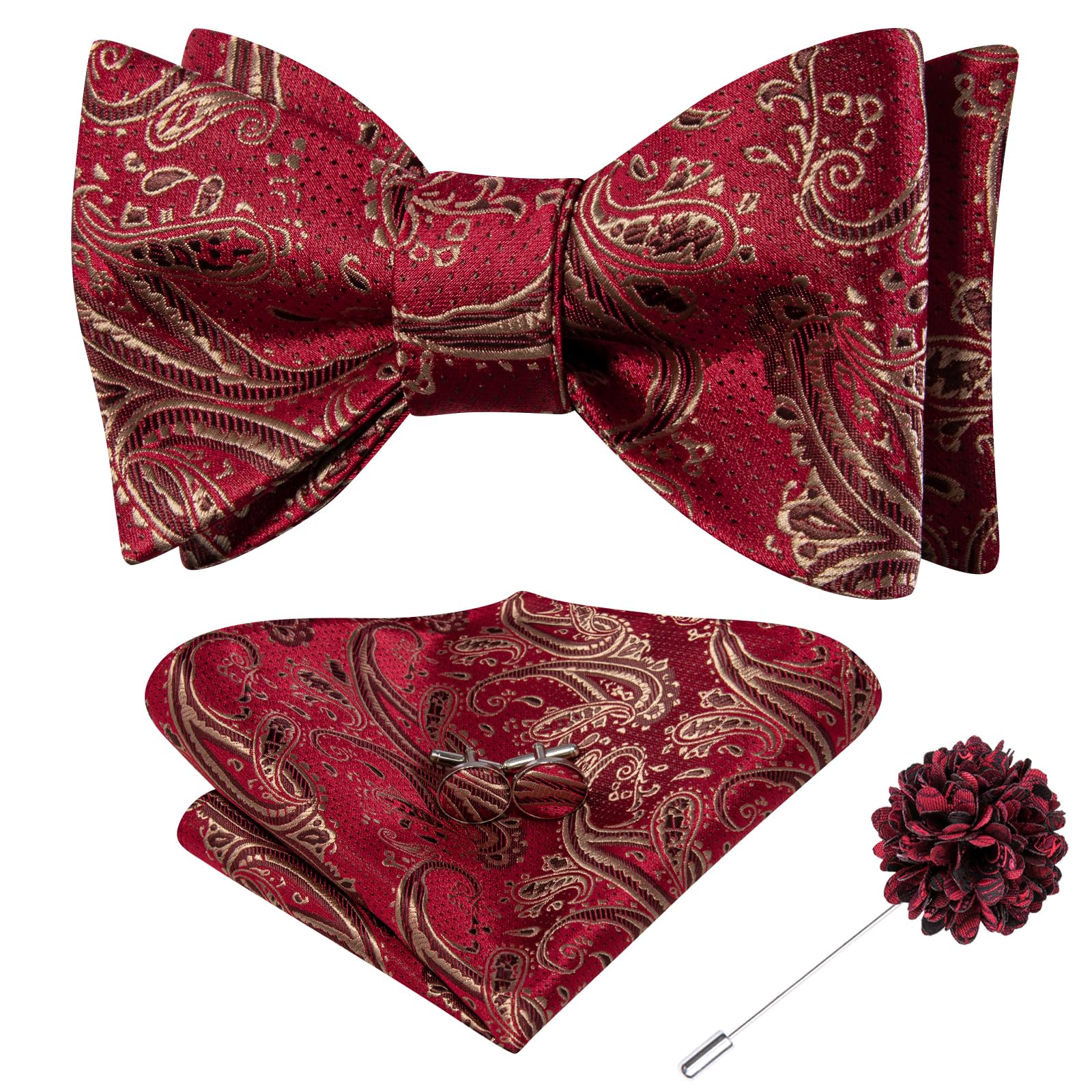 Dubulle Self Tie Bow Ties for Men Silk Paisley Bowtie Lapel Pin Set