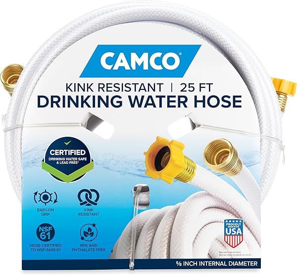 Camco TastePURE 25-Ft Water Hose - RV Drinking Water Hose Contains No Lead, No BPA & No Phthalate - Features Diamond-Hatch Reinforced PVC Design - 5/8” Inside Diameter, Made in the USA (22783)