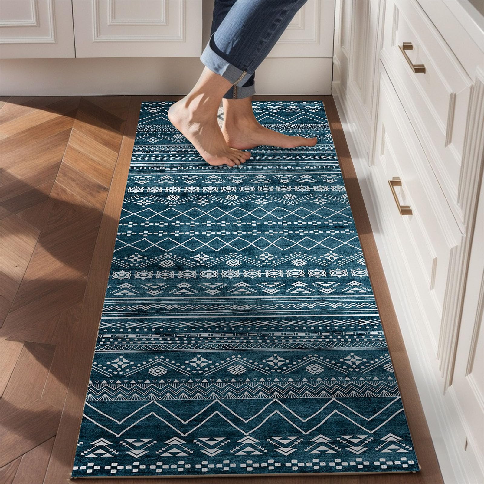 Yancorp2x5.3ft Kitchen Runner Rug Boho Runner Rug Non Slip Washable Kitchen Rug for Floor Bathroom Rugs,Kitchen,Hallway,Office,Sink,Laundry,Blue