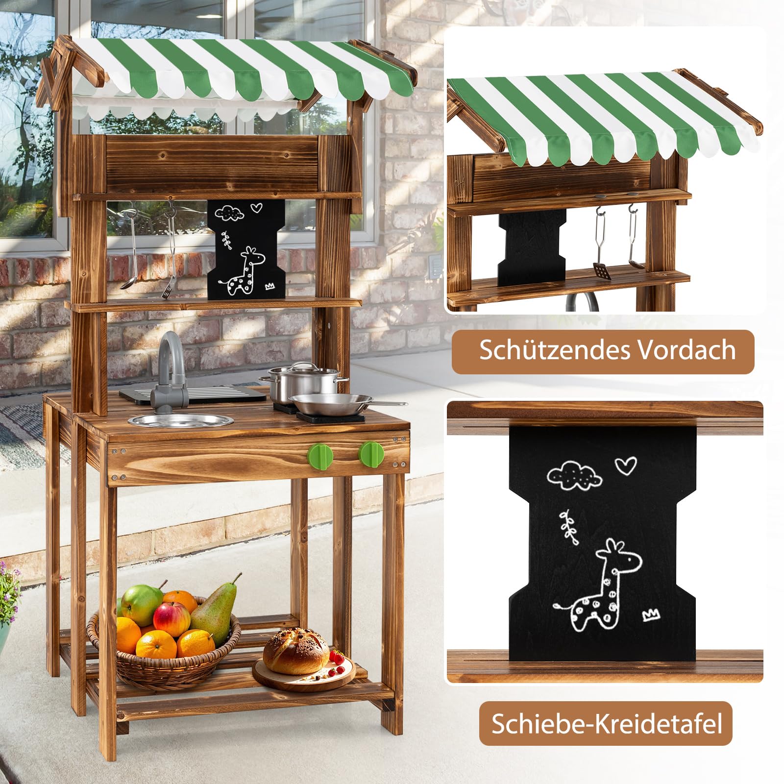 COSTWAY Matschküche Kinder Outdoor, Doppelseitige Kinderküche mit Dach, Schultafel, Spüle & Wasserhahn, Outdoorküche Spielküche Holz für Jungen & Mädchen ab 3 Jahren