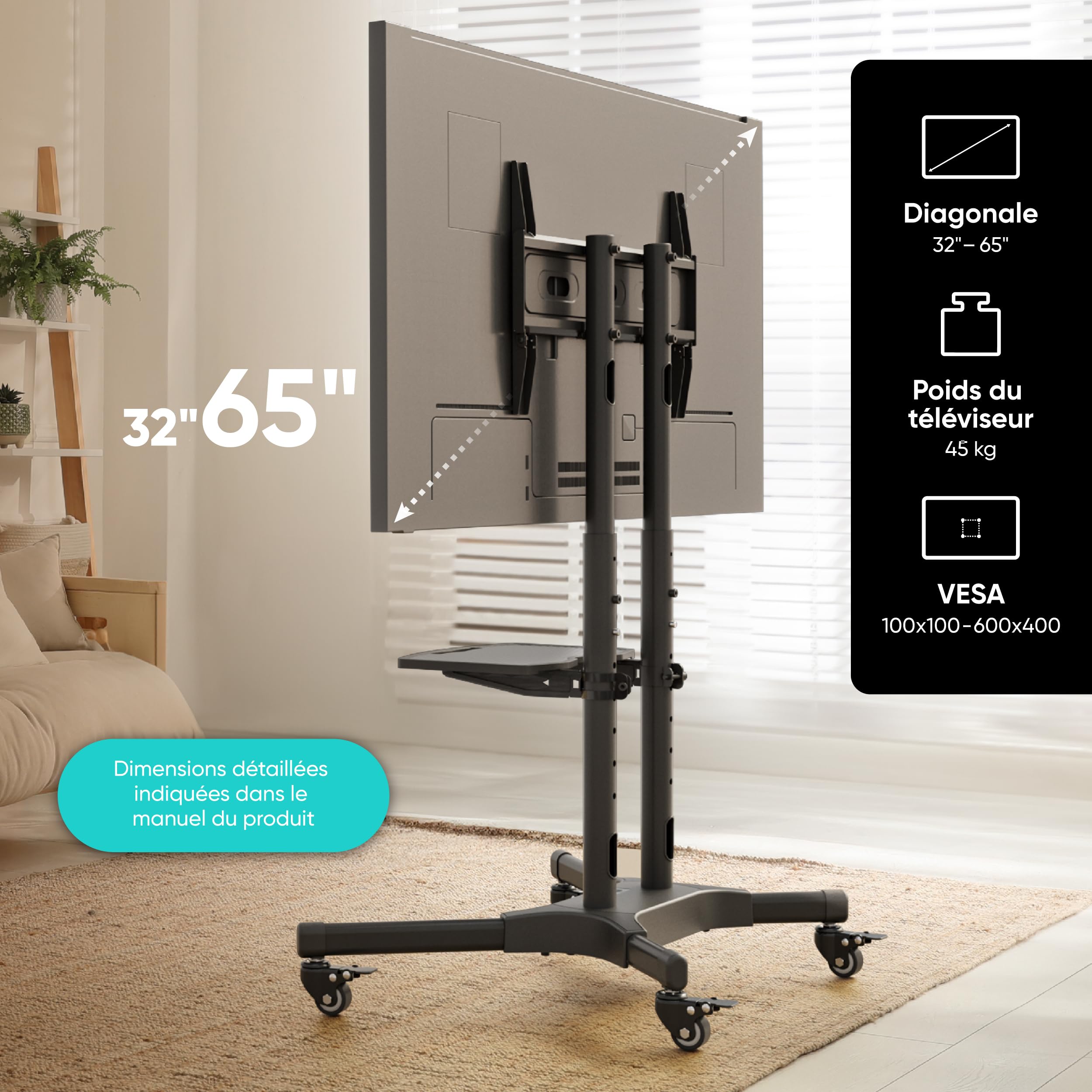 ONKRON Support TV roulettes pour 32-65 Pouces Charge Max 50 kg, Support TV sur Pied avec roulettes VESA 100x100-600x400, Chariot Television Hauteur Réglable, Chariot Télé Roulant Noir TS1351-B