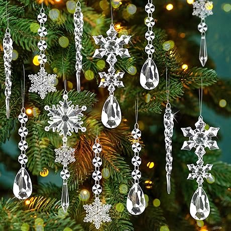 16 Pieces Christmas Tree Decoration Ornaments: Gleaming Winter Icicles and Snowflakes