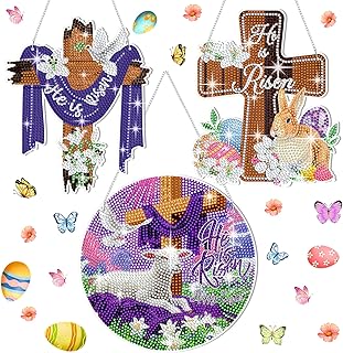 Menkxi 3 Pcs Easter Diamond Art Kits for Adults He is Risen Cross Diamond Painting Kits 5d DIY Religious Christian Jesus Hanging Signs for Crafts Art Door Wall Home Indoor Outdoor Hanger Door Decor
