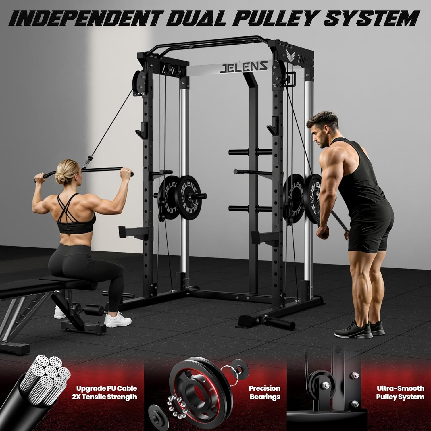 JELENS C21 Power Cage, 2000LBS Multi-Function Power Rack with Independent Dual Pulley System, All-in-One Squat Rack for Cable Crossover, Home Gym Workout Machine