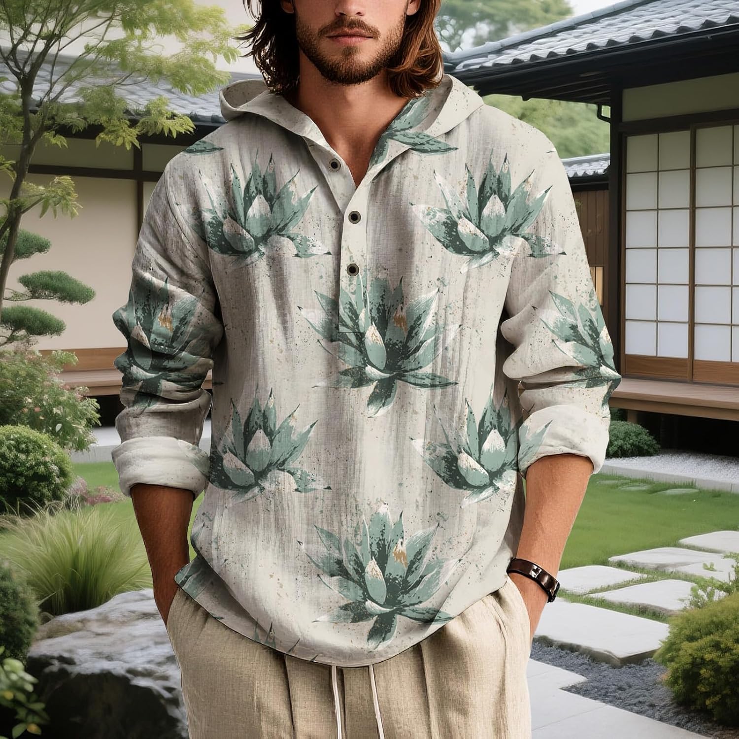 Mens Long Sleeve Hooded Shirt Botanical Print Lightweight Casual Pullover Button Neck Roll Up Sleeves Beach Wear - Image 4