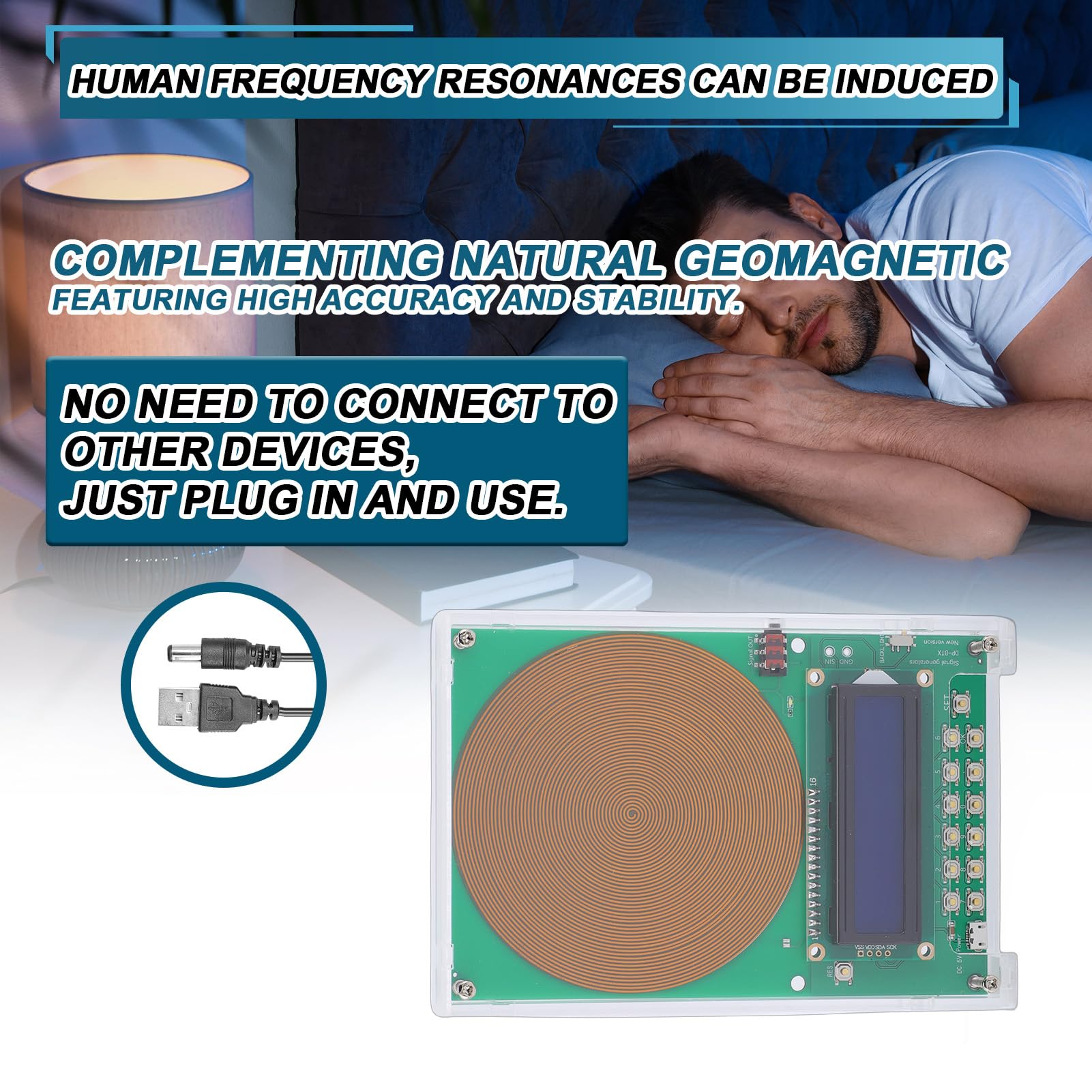 Generatore di risonanza Schumanns regolabile 0,1 Hz-30000 Hz, generatore di frequenza di guarigione portatile Ricarica USB Dispositivo di guarigione a onda sinusoidale per (Placcato in oro con cassa