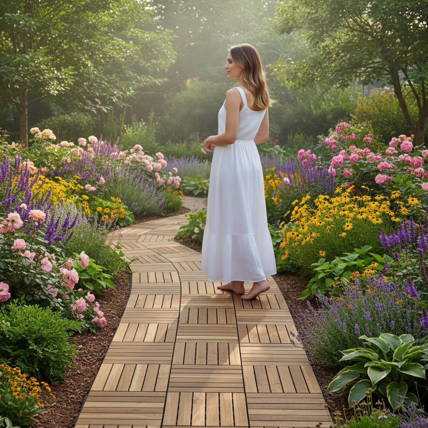 VICTORY RELAX Piastrelle ad incastro per pavimenti in legno di acacia, 9 pezzi, 12 doghe in rovere bianco, impermeabili, decorazione per interni ed esterni, per balcone, giardino, terrazza (31 x 31 x