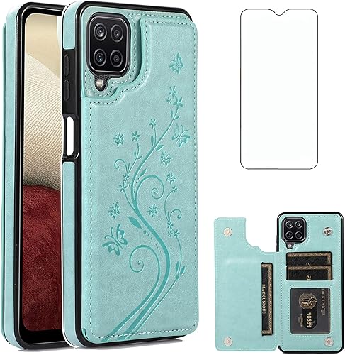 Asuwish Funda de teléfono para Samsung Galaxy A12 con protector de pantalla de vidrio templado, tarjetero con soporte para tarjetero, soporte para