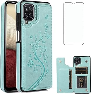 Asuwish Phone Case for Samsung Galaxy A12 with Tempered Glass Screen Protector Card Holder Wallet Cover Stand Flip Leather Cell Accessories Glaxay A 12 12A samsunga12case Cases Women Girl Green
