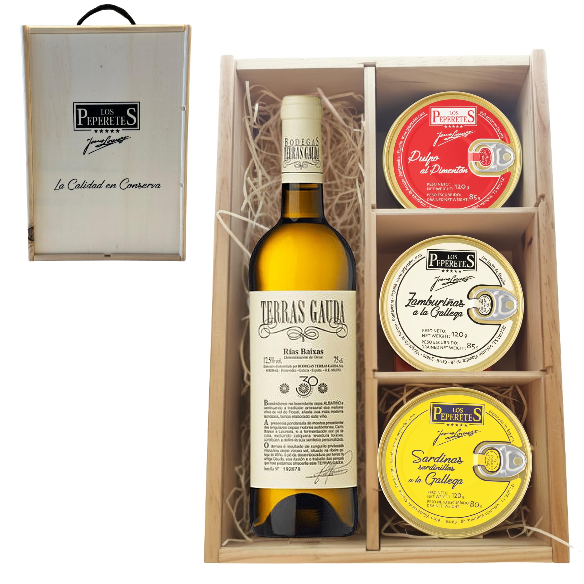 LOS PEPERETES Pack Gourmet Marisco Gallego con Vino Terras Gauda | Pulpo al Pimentón ×2 · Zamburiñas ×2 · Sardinillas a la Gallega ×2 | Lote Delicatessen Premium
