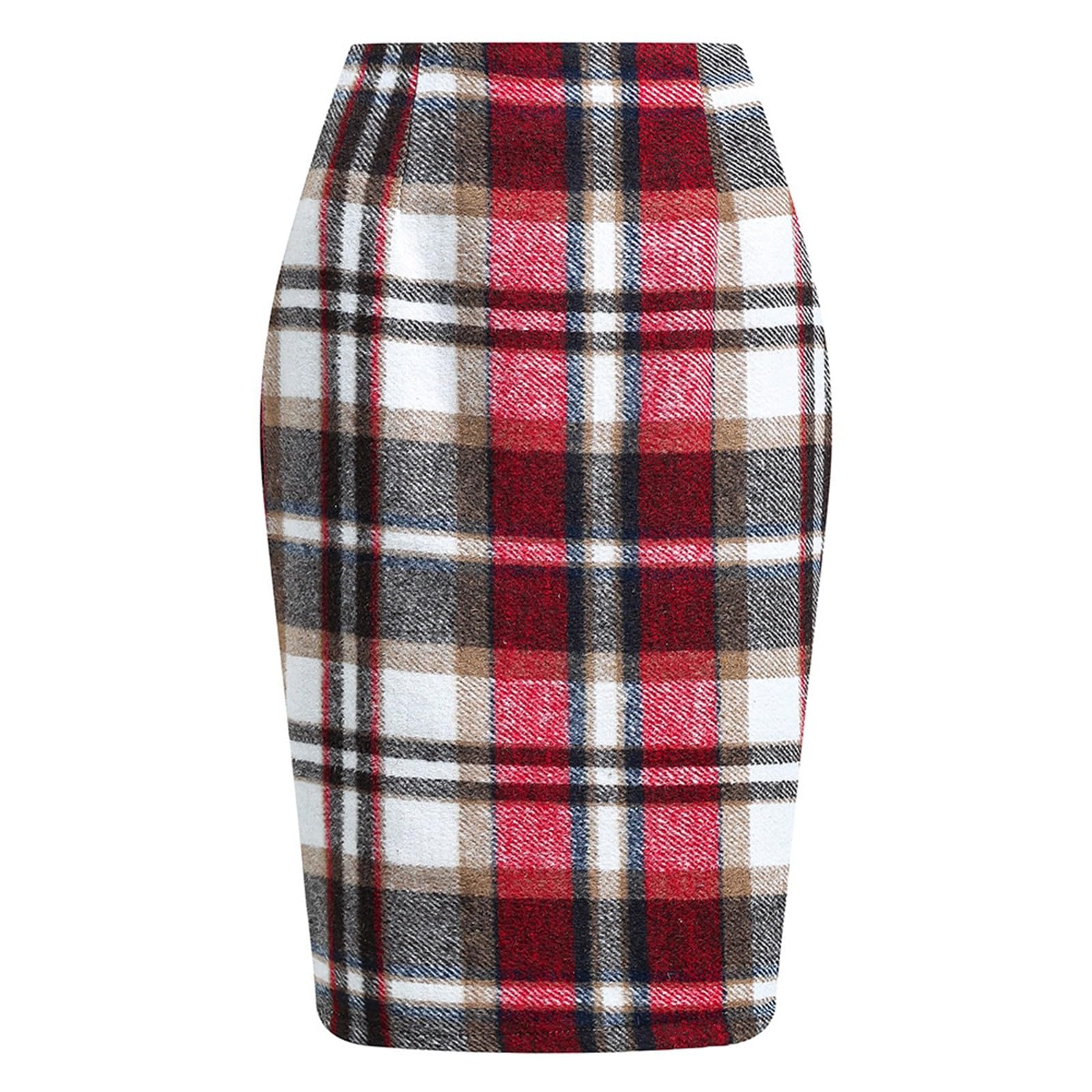 Plaid Skirts for Women High Waisted Bodycon Midi Skirts Knee Length Wool Pencil Skirt Split Christmas Plaid Skirt