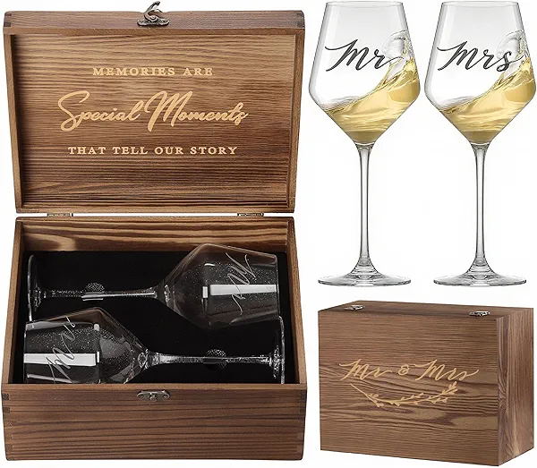 SIPBYSOP Mr Mrs Wine Glasses Gifts for Wedding/Engagement/Bridal Shower,Classy Engagement Present,WEDDING Gift for Couples,Women,Bride to be,Newlyweds-Wedding Keepsake Box Gift Set