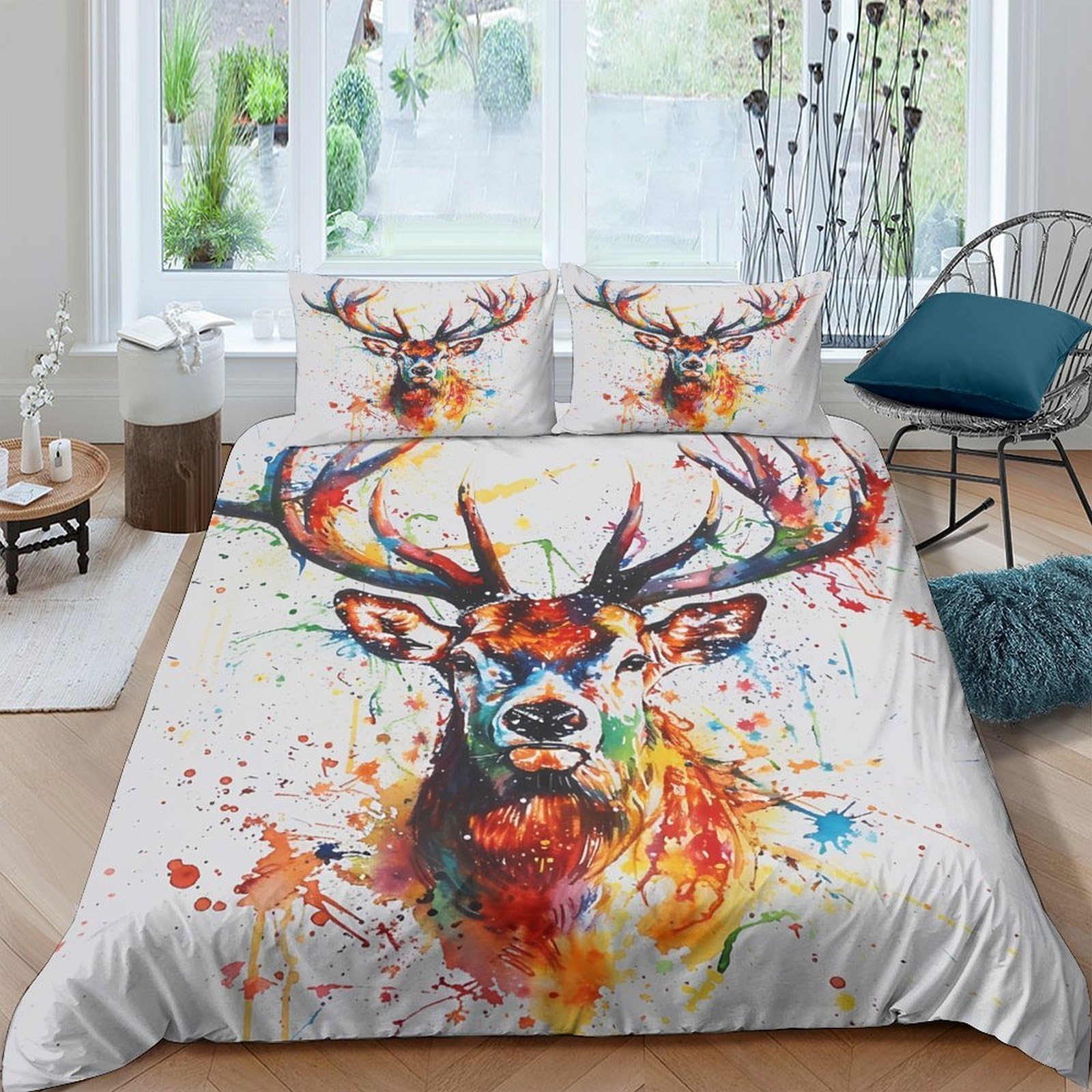 Ctjqhvkz Style-1 3D Printed Watercolor Deer Fitted Sheet Microfiber Colorful Antlers Mattress Cover Anti-Slip Bedroom Decor Easy Care Single（135X200cm）