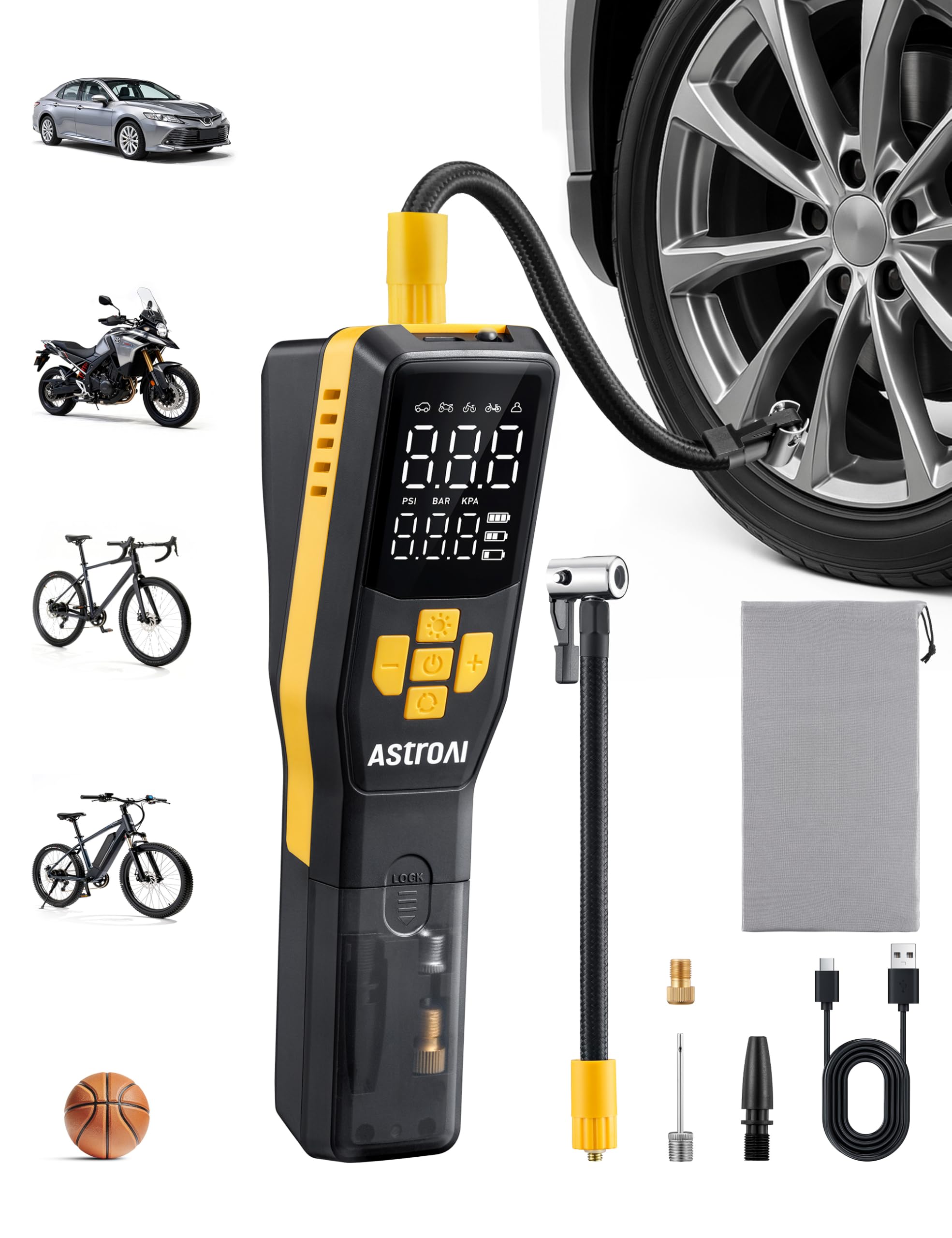 AstroAI 150 PSI Tire Inflator Portable Air Compressor for Car Tires, Cordless Bike Pump with LCD Display, Auto Shut-Off, 5 Modes Air Pump for Car Motorcycle Bicycle Balls, LED Light & Storage Design