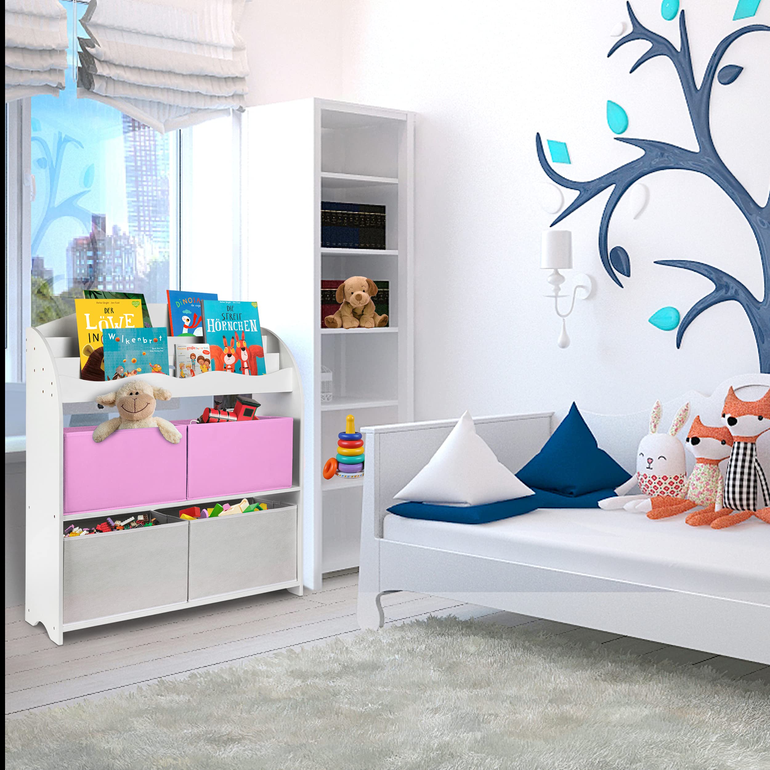 ONVAYA® Kinder-Bücherregal Finn Weiß | Kinderregal mit Boxen | Aufbewahrung von Büchern und Spielzeug | Organizer für Kinderzimmer (Bücherregal Rosa)