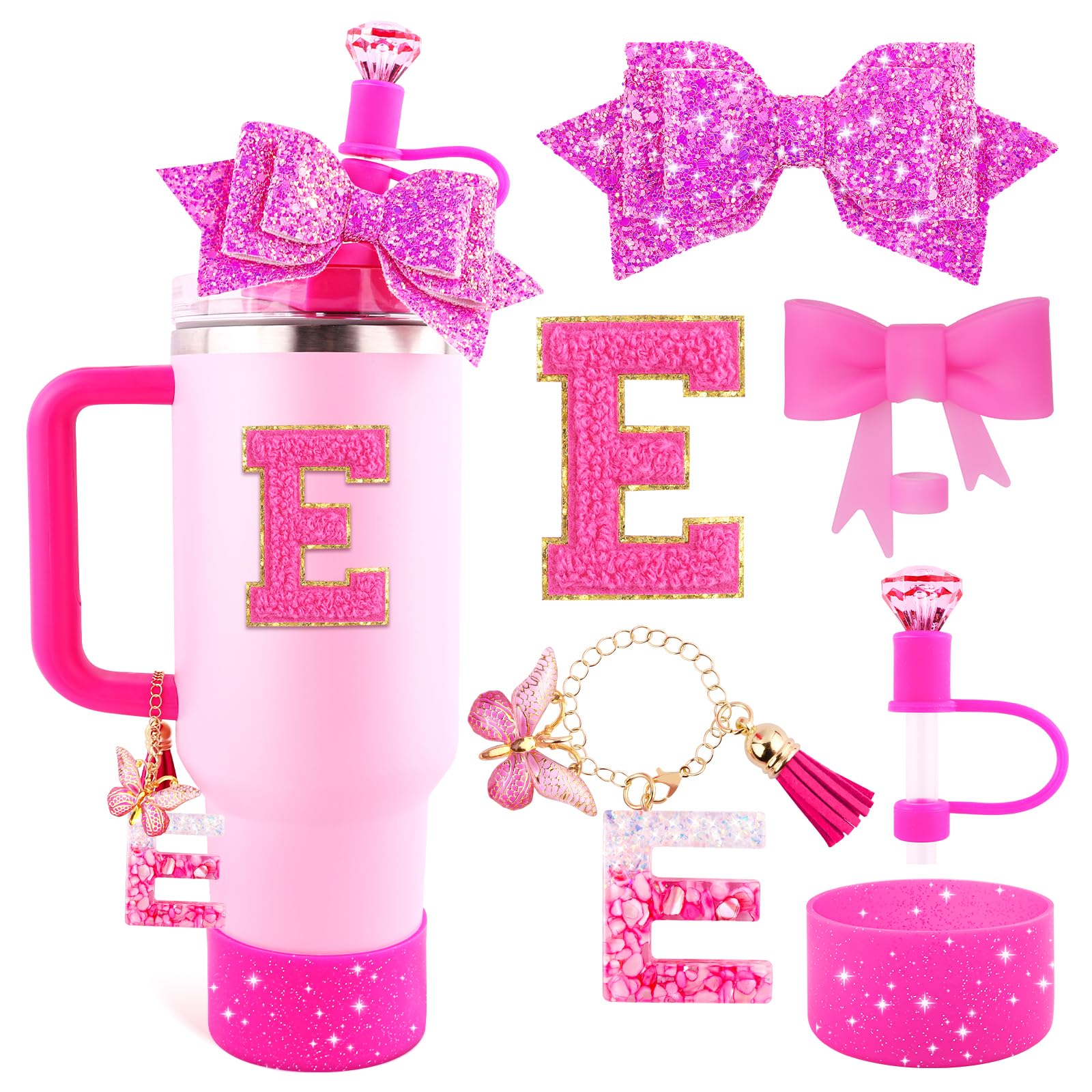 Lingdeer Rose Pink Cup Accessories Set for Stanley 30OZ&40OZ Tumbler with Handle, Letter Charms, Bow & Diamond Straw Covers, Glitter Silicone Boot, Personalized Sticker for Stanley Cup Accessories (E)