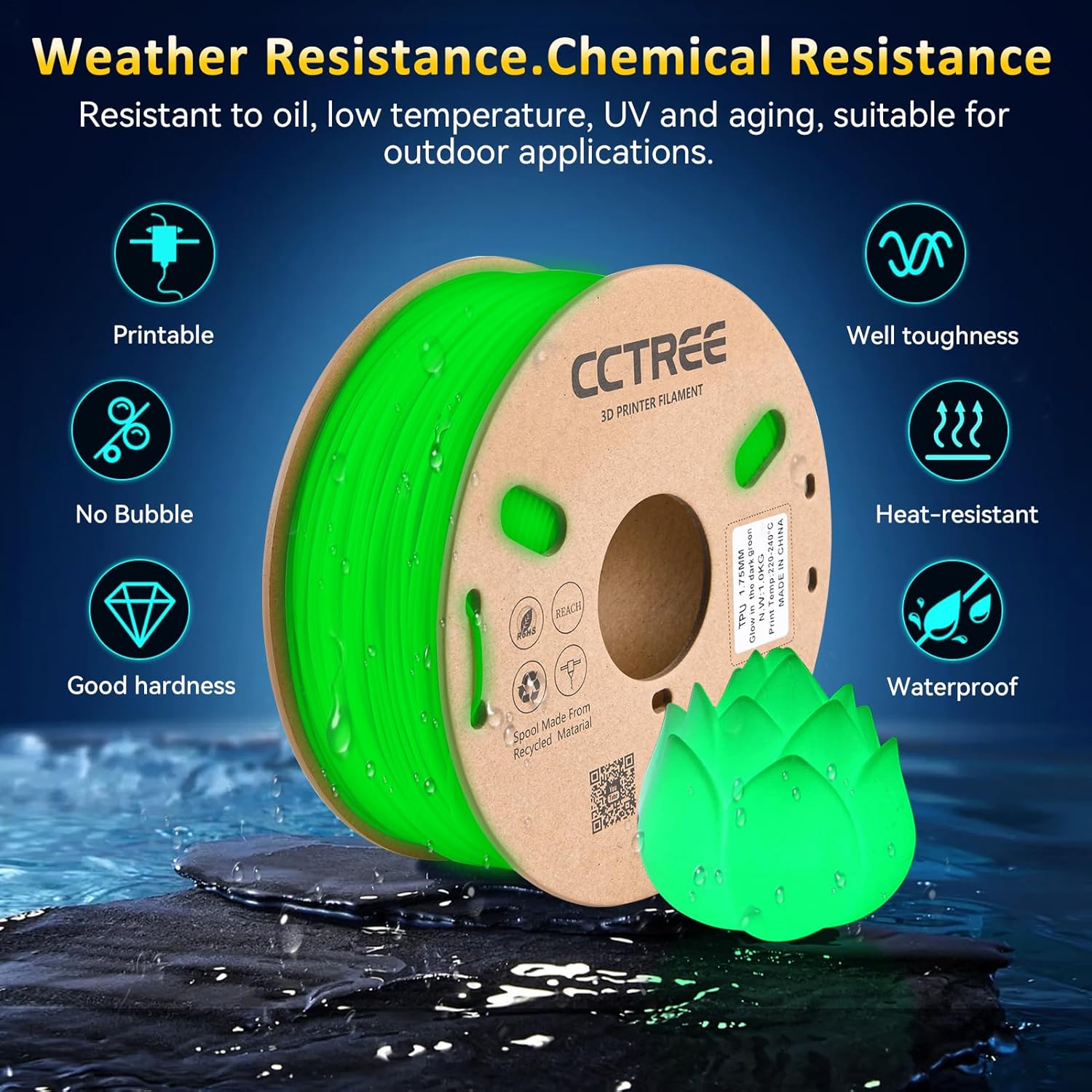 CCTREE TPU Filament 1.75mm, Glow in the Dark 3D Printing Filament, Shore 95A Flexible 3D Printer Filament, 1KG (2.2lbs) Spool, Dimensional Accuracy ±0.03mm, Fits Most FDM Printers, Glow Green