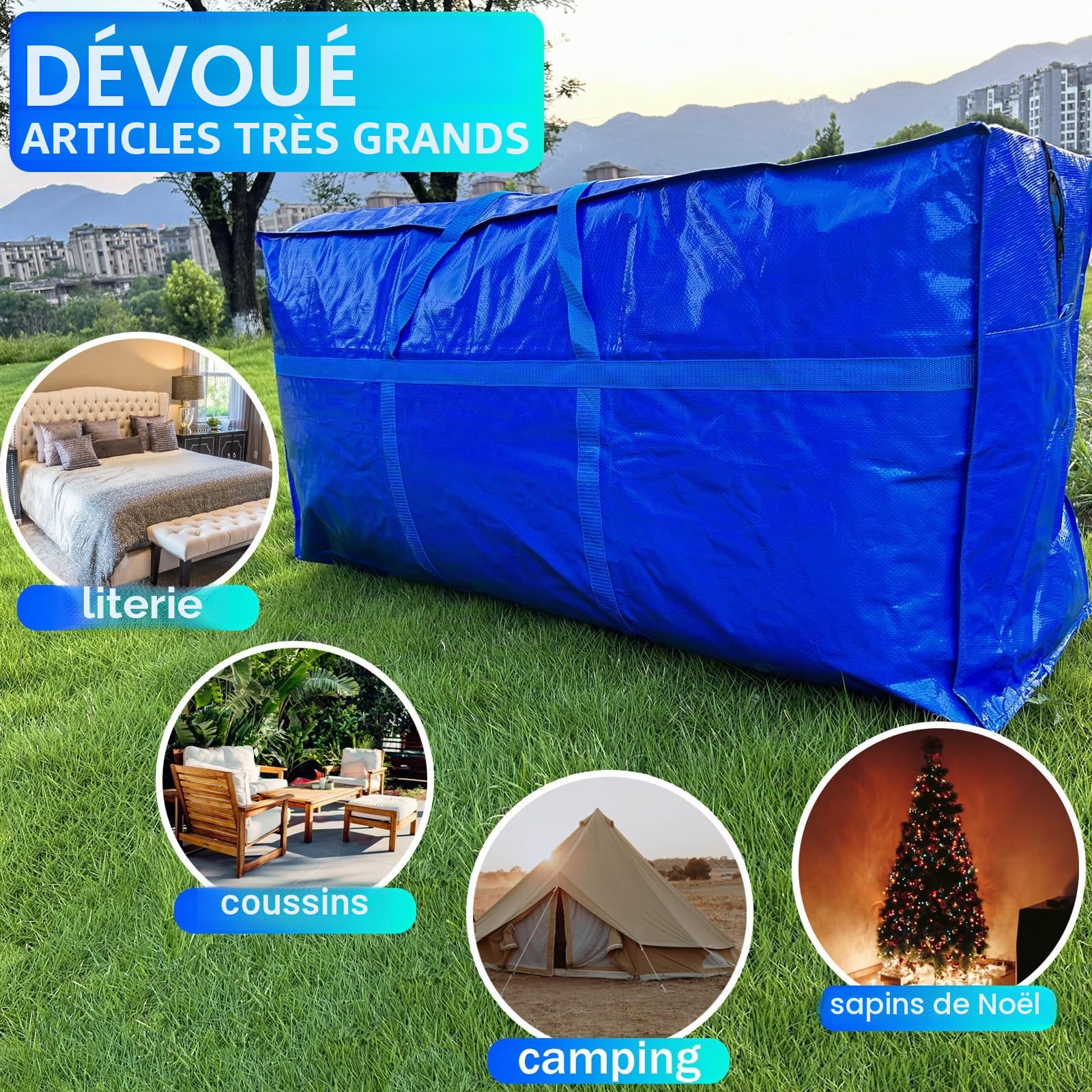 Lot de 2 grands sacs de rangement extra larges de 200 litres, grands sacs de déménagement robustes avec fermeture éclair et poignées plus solides, grand sac de sport pliable pour voyage, boîtes de