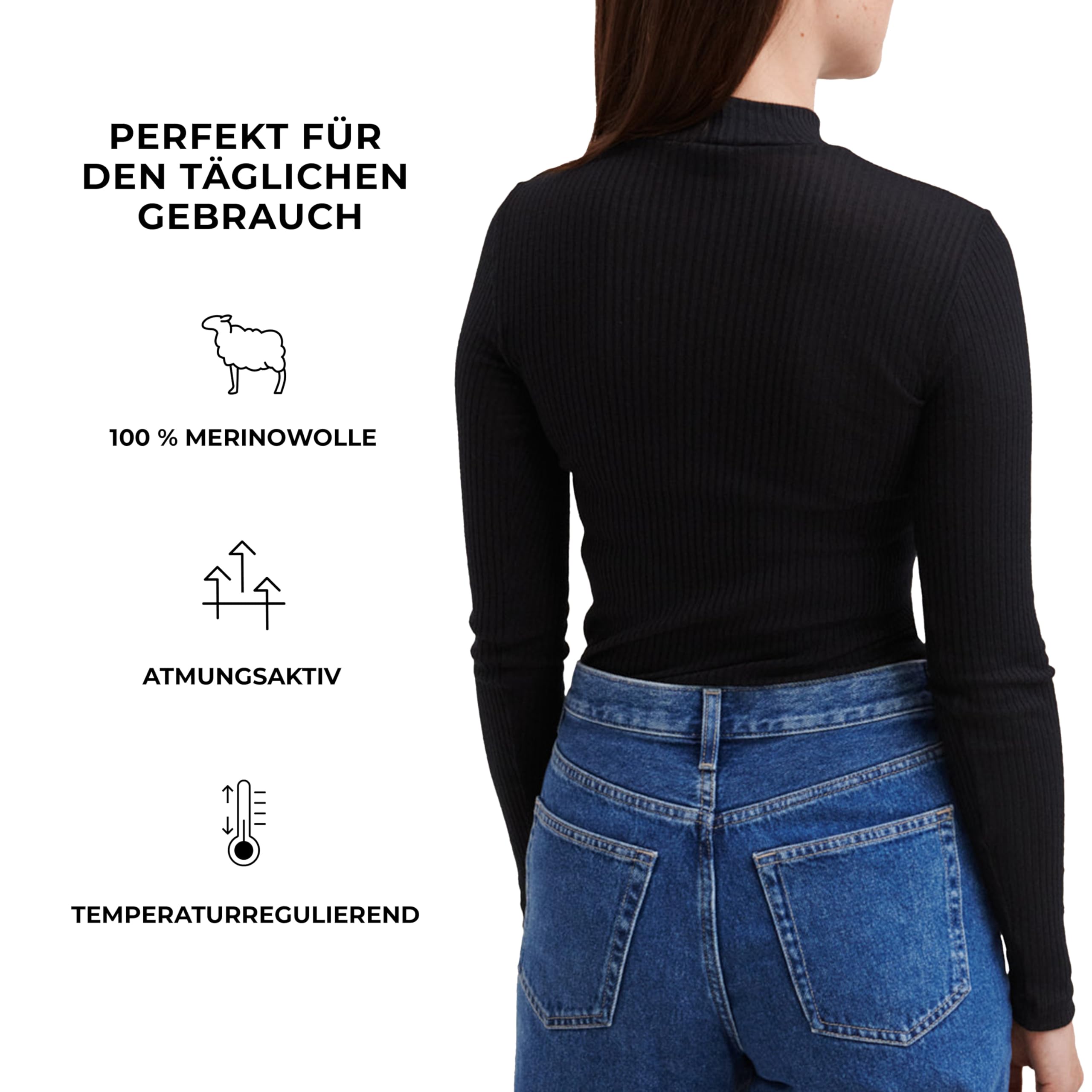 Dilling Merino Langarmshirt Damen Schwarz – Merinowolle Shirt Stehkragen | 100% Bio-Merinowolle, fein geripptes Stehkragen-Langarmshirt für Damen - leichtes Unterhemd für Alltag
