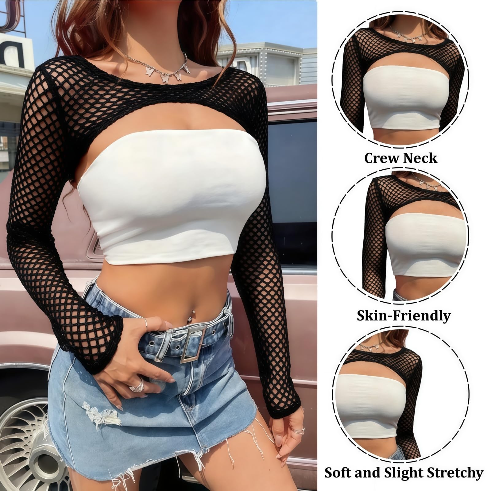 DUOYIJIN Mesh Fishnet Tops for Women Long Sleeve Shrug Fishnet Novelty Crop Tops Y2K Clubwear Ladies Disco Retro Outfit 1980s Costume Black - Image 3