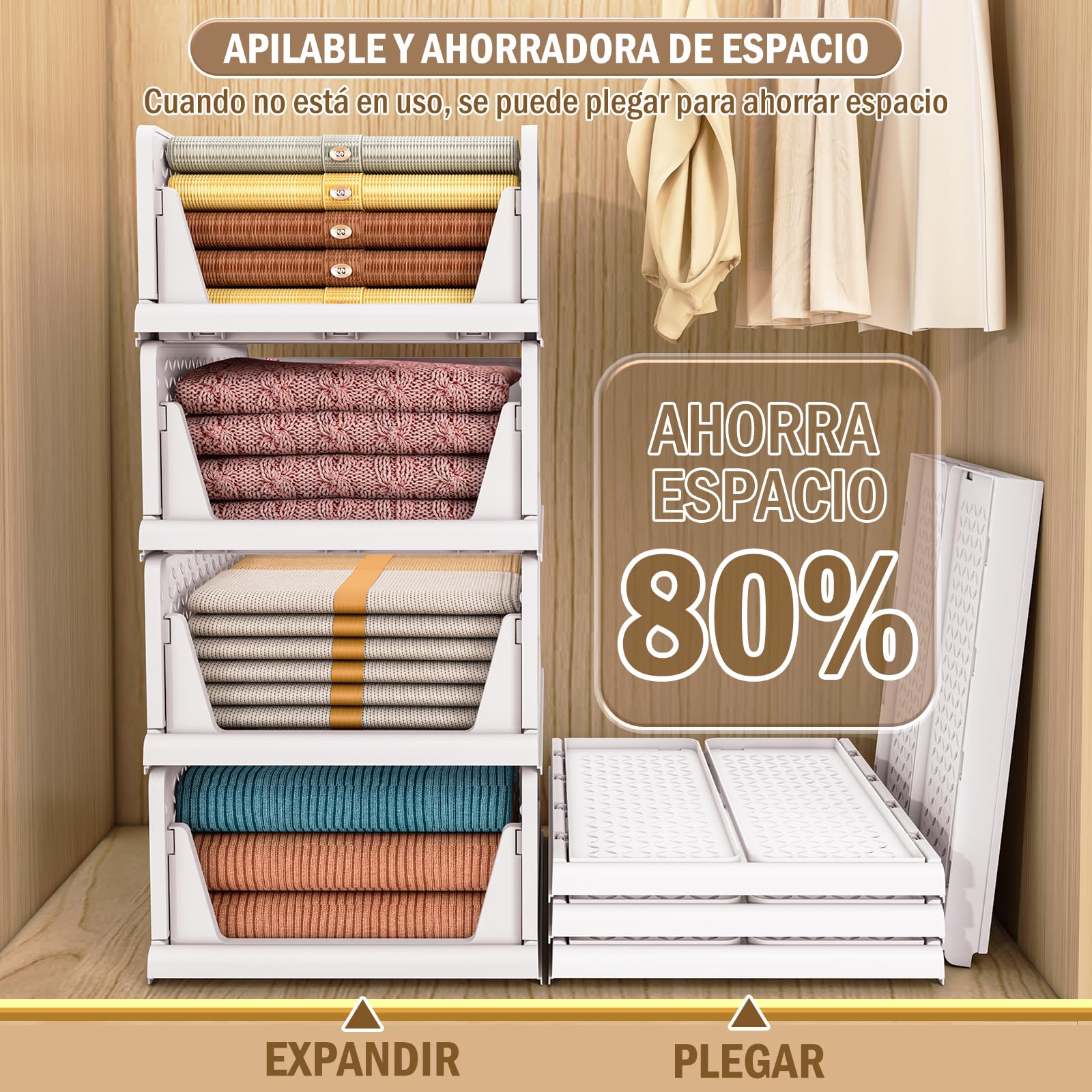 TidyIsles Organizador Armario Plegable Apilable 4 Unidades, Cajonera Plástico Separadores, Almacenamiento Ropa para Dormitorio Baño Blanco