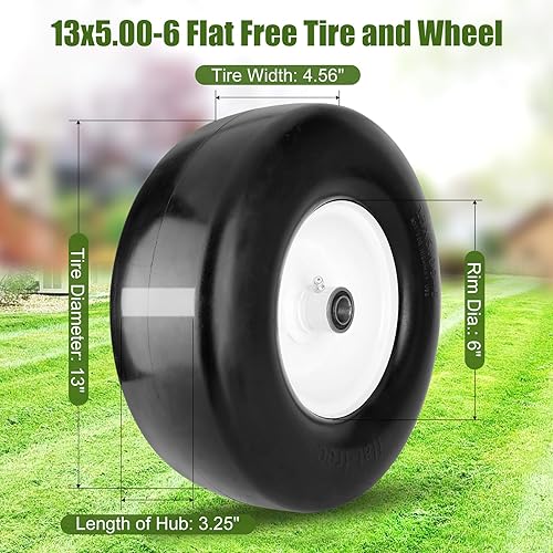 Miniatura 2 de 1 neumático y rueda para cortacésped plano de 13 x 5.00-6 con buje de grasa de 34 pulgadas y 58 pulgadas, montaje de neumático sólido delantero de