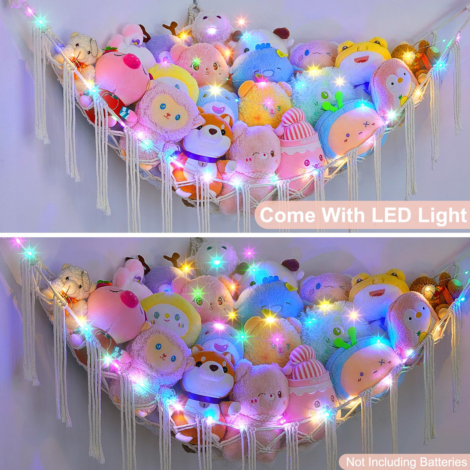 Hamac à Peluches Licorne | Filet De Rangement Enfants | Avec Guirlande LED | 120x120x180 Cm | Pour Chambre
