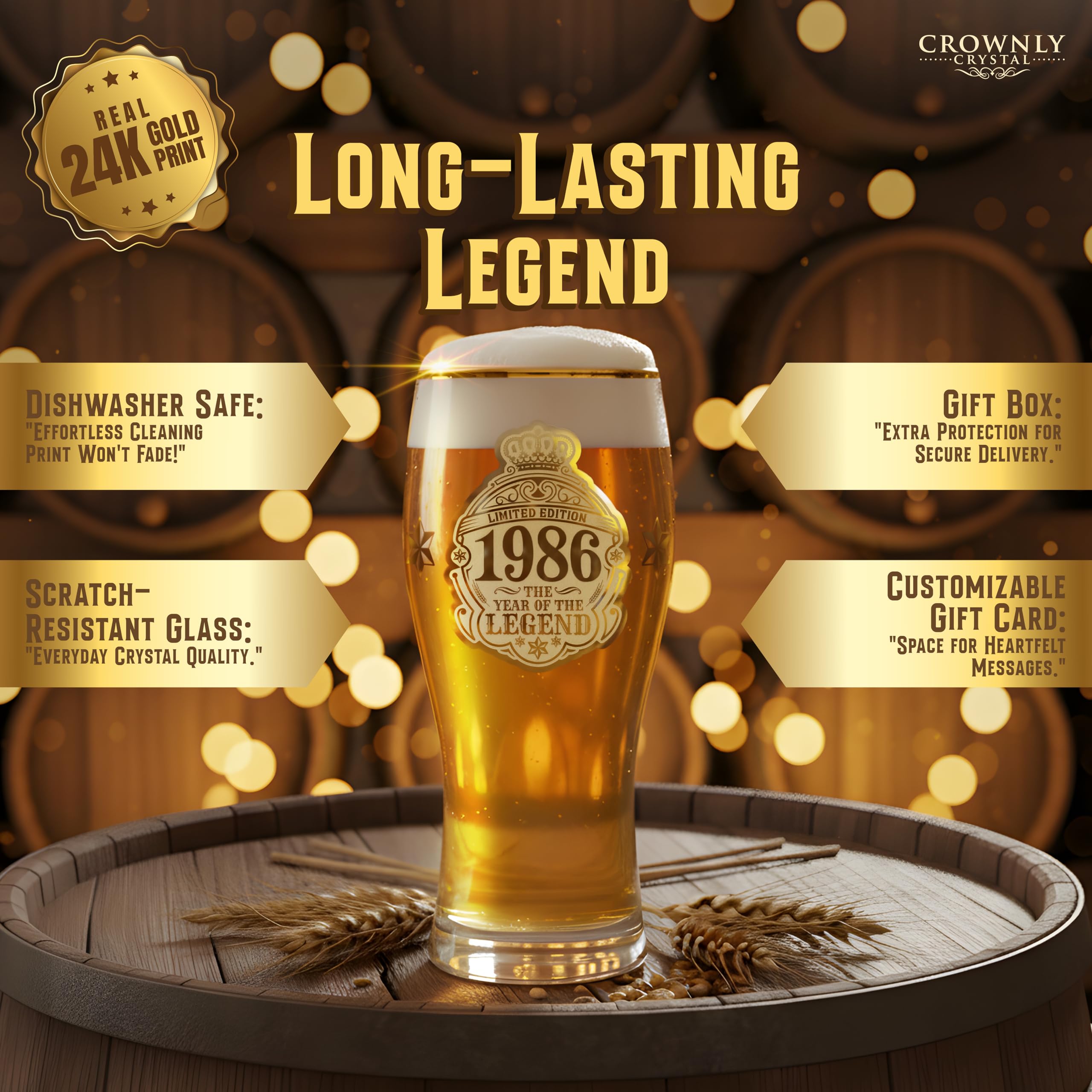 CROWNLY CRYSTAL® 1986 Regalo 40 Anni Uomo Bicchiere Birra 570 ml Personalizzato Compleanno Regali Personalizzati Idee Fidanzato Amica Per Lui