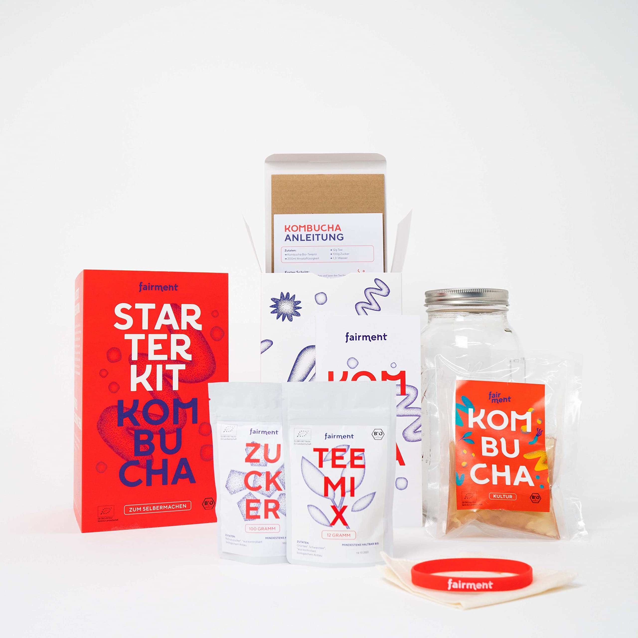 fairment Starterkit Kombucha - Das lebendige Getränk einfach selbermachen - Starter Set mit Bio Kombuch a Pilz (SCOBY), Glas, Zutaten, Zubehör und Rezepten - Kombucha Tee selbst machen