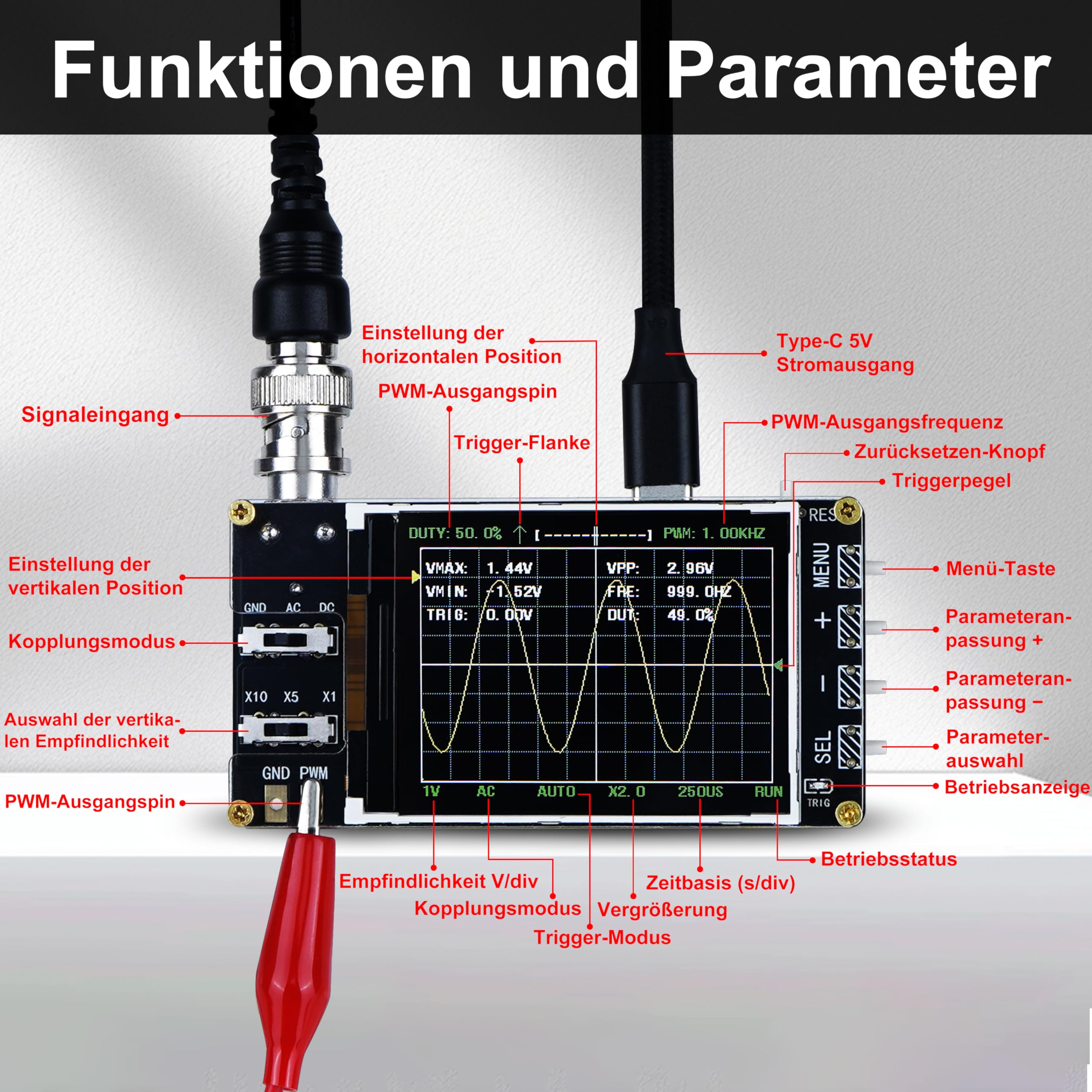 Treedix Handheld Digitales Mini-Oszilloskop-Kit mit 2,4'' LCD-Bildschirm, 3 Trigger-Modi, 24MSa/s hoher Abtastrate, 200 kHz Bandbreite, X10/X5/X1 Empfindlichkeit, GND/AC/DC Kopplungsmethode