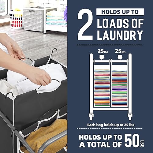 Miniatura 4 de Clasificador de ropa sucia de 2 secciones, 2 bolsas, carrito de lavandería rodante, cesta de lavandería con ruedas resistentes con cerradura y bolsa