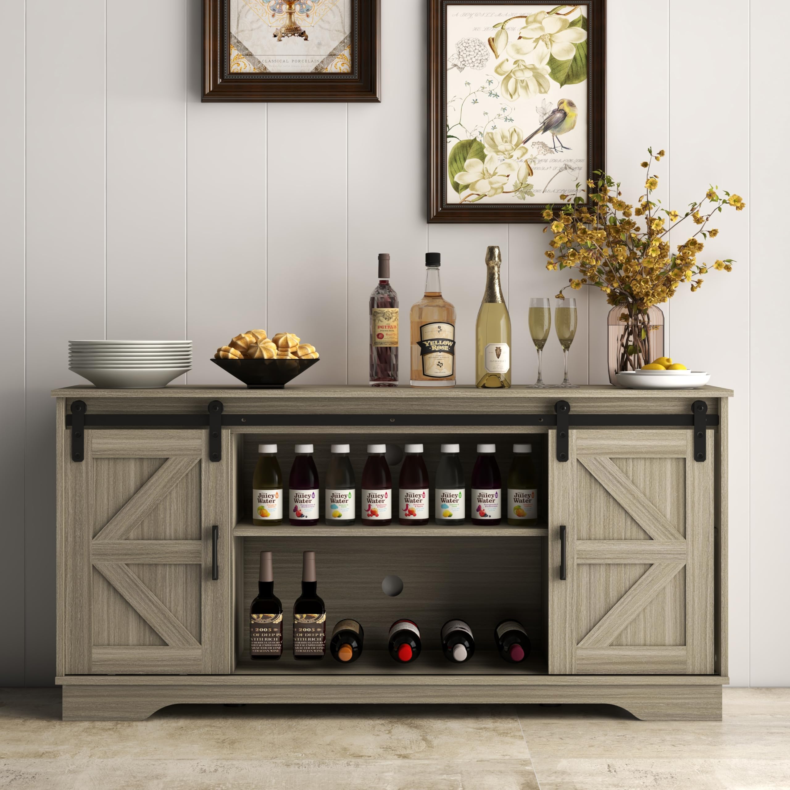 Panana Wooden Sideboard Kitchen Cabinet Storage Cupboard with 2 Sliding Barn Doors TV Stand Farmhouse Style for Living Room (Natural)