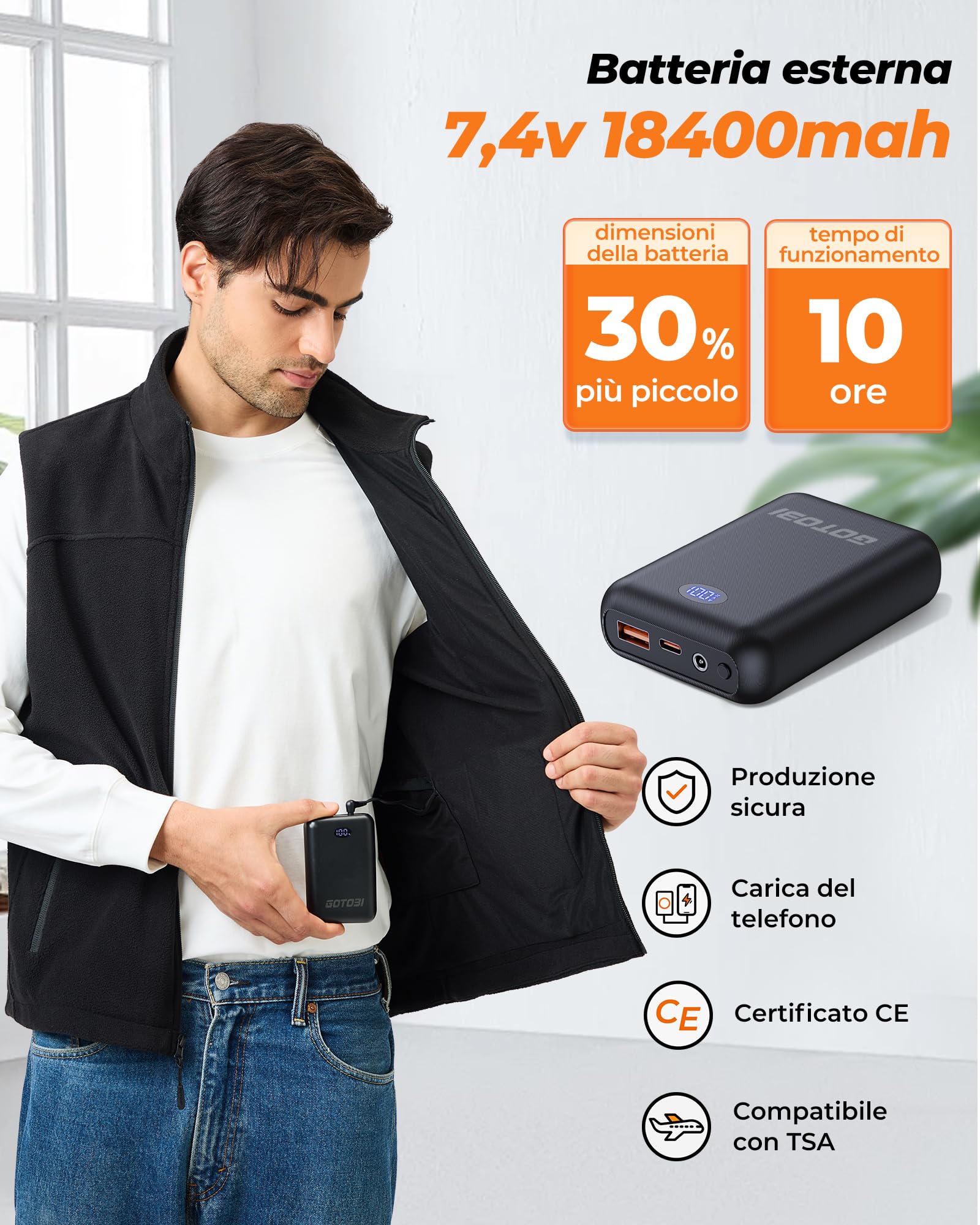 GOTOBI Pile Gilet Riscaldato Uomo Con Batteria 16000mah 7,4v- Gilet Riscaldante Con 9 Zone Di Riscaldamento E 3 Temperature Regolabili,Gilet Termico Per Uomo Per Attività Outdoor,Nero