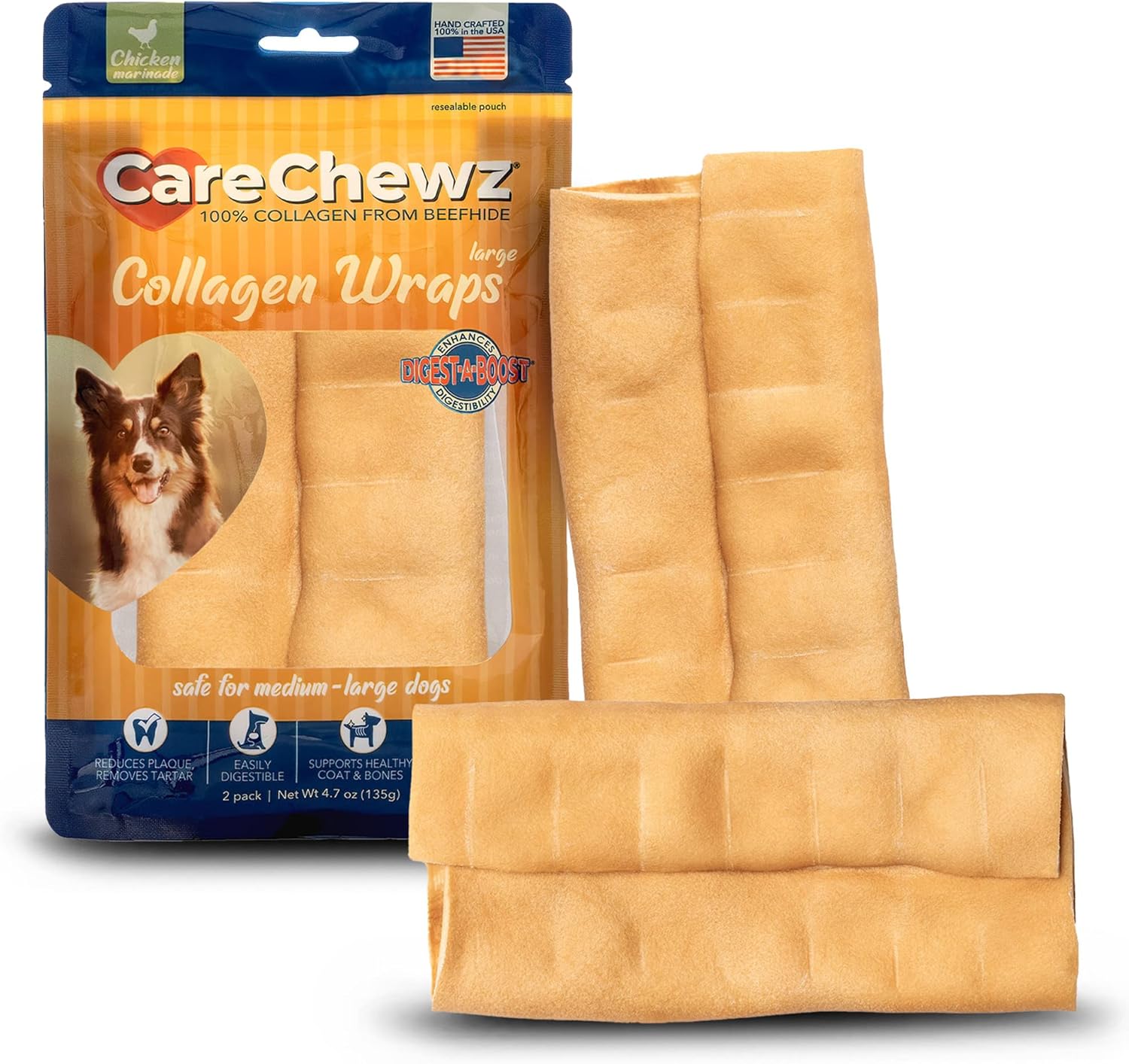 Pet Factory CareChewz Collagen 67" Large Wraps Dog Chew Treats Chicken Flavor, 2