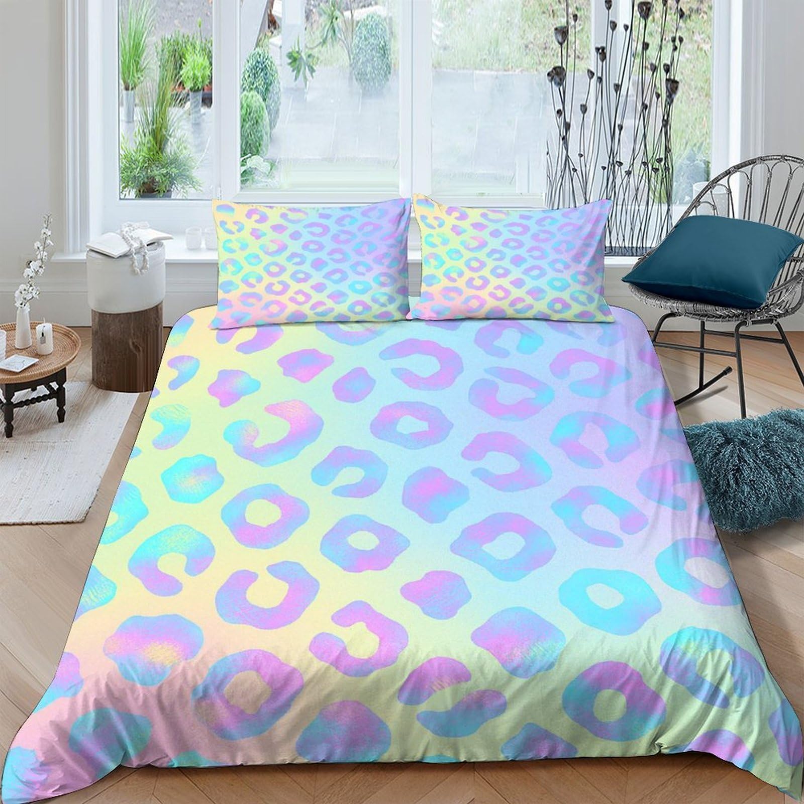 GPLZQXKJNH 3D Printed Pastel Rainbow Leopard Duvet Cover Microfiber Soft Breathable Iridescent Animal Bedding Set with 2 Pillowcases for Bedroom Decor Single（135x200cm）