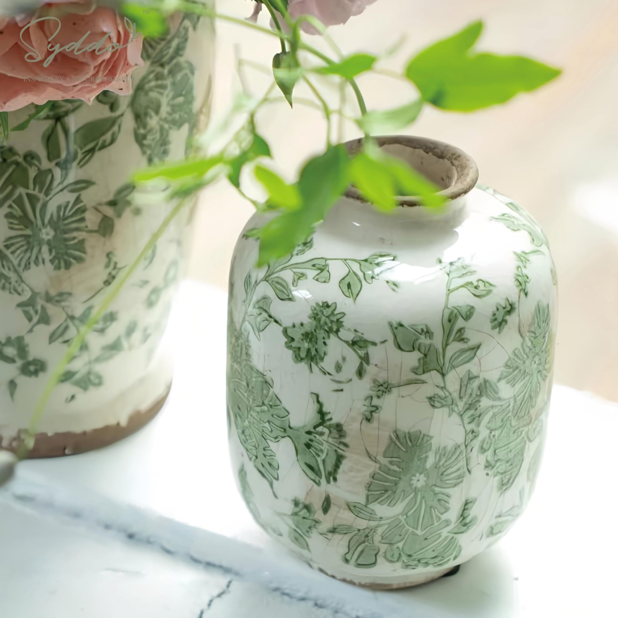 Vases à Fleurs Vase en céramique Vintage de 5, Pouces Style campagnard français Rustique avec glaçage craquelé Centres de Table(Green)