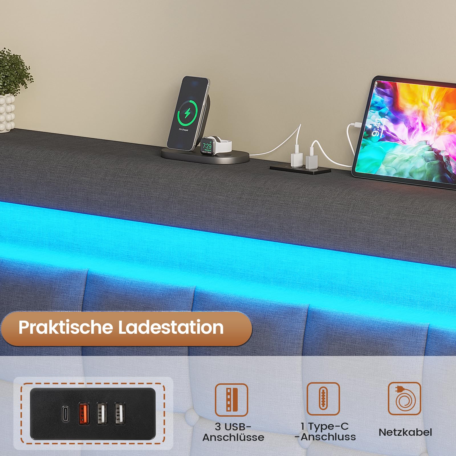 AOGLLATI Polsterbett 160x200 CM mit Ladestation & LED-Beleuchtung,Doppelbettgestell mit Stauraum Kopfteil & Lattenrost, Schwebender visueller Effekt,Modern Bettgestell Leinen, Ohne Matratze,Dunkelgrau