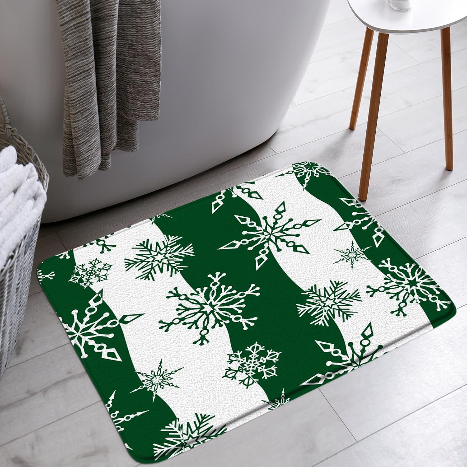 Christmas Snowflake Bath Mat Green White Snowflake Winter Holiday Bathroom Bathtub Floor Rugs Doormat Toilet Decor,24 x 70 in