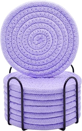 Miniatura 36 de ABenkle Juego de posavasos con soporte de 10 unidades, posavasos absorbentes tejidos de algodón para bebidas, juego de posavasos minimalista