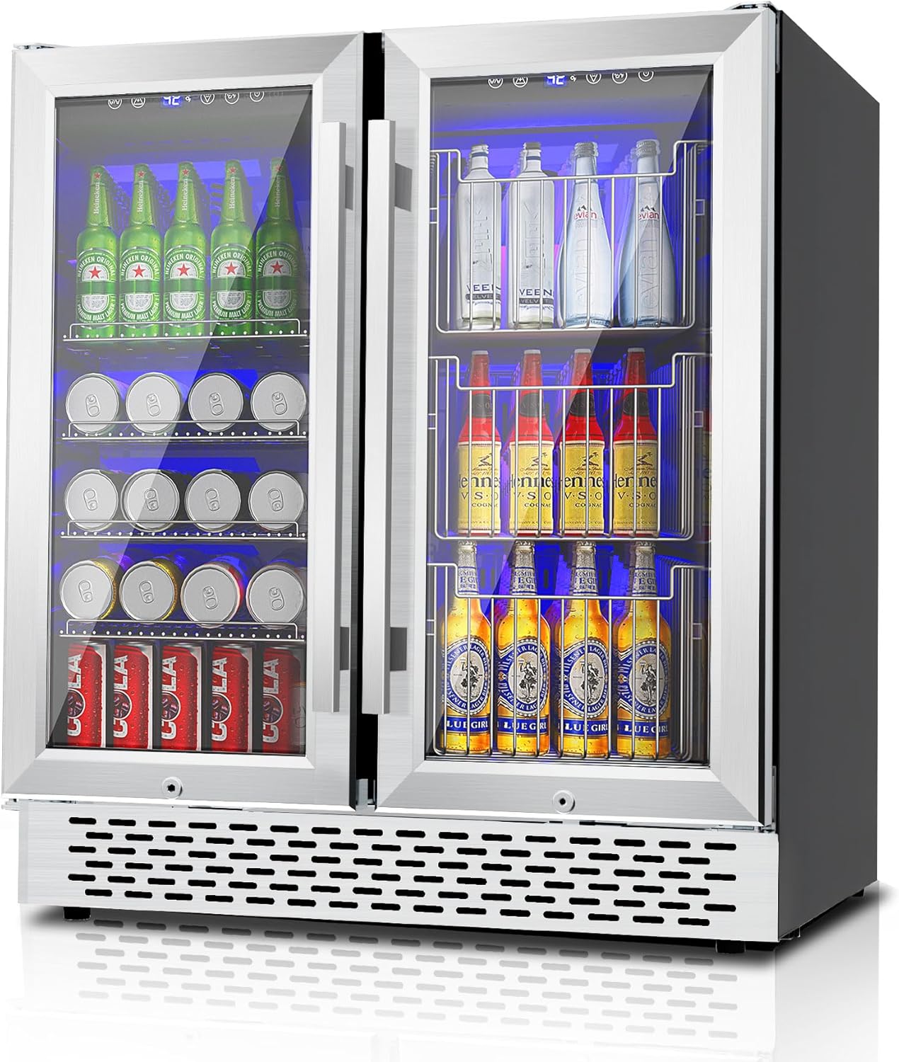 Dual Zone Beverage Refrigerator, 30'' Beverage Fridge with Detachable Basket, Intelligent Control Beverage Cooler with Glass Door Built-in or Freestanding with Blue LED Light, Hold 130 Can 60 Bottle 30'' Dual Zone Refrigerator-3 Upgrade Drawer