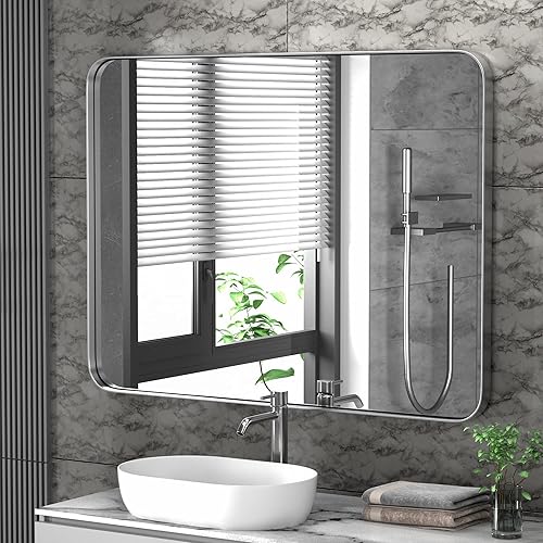 Miniatura 1 de Espejo de baño dorado cepillado de 22 x 30 pulgadas para pared, espejo de baño con marco de acero inoxidable 304, espejo rectangular de granja de