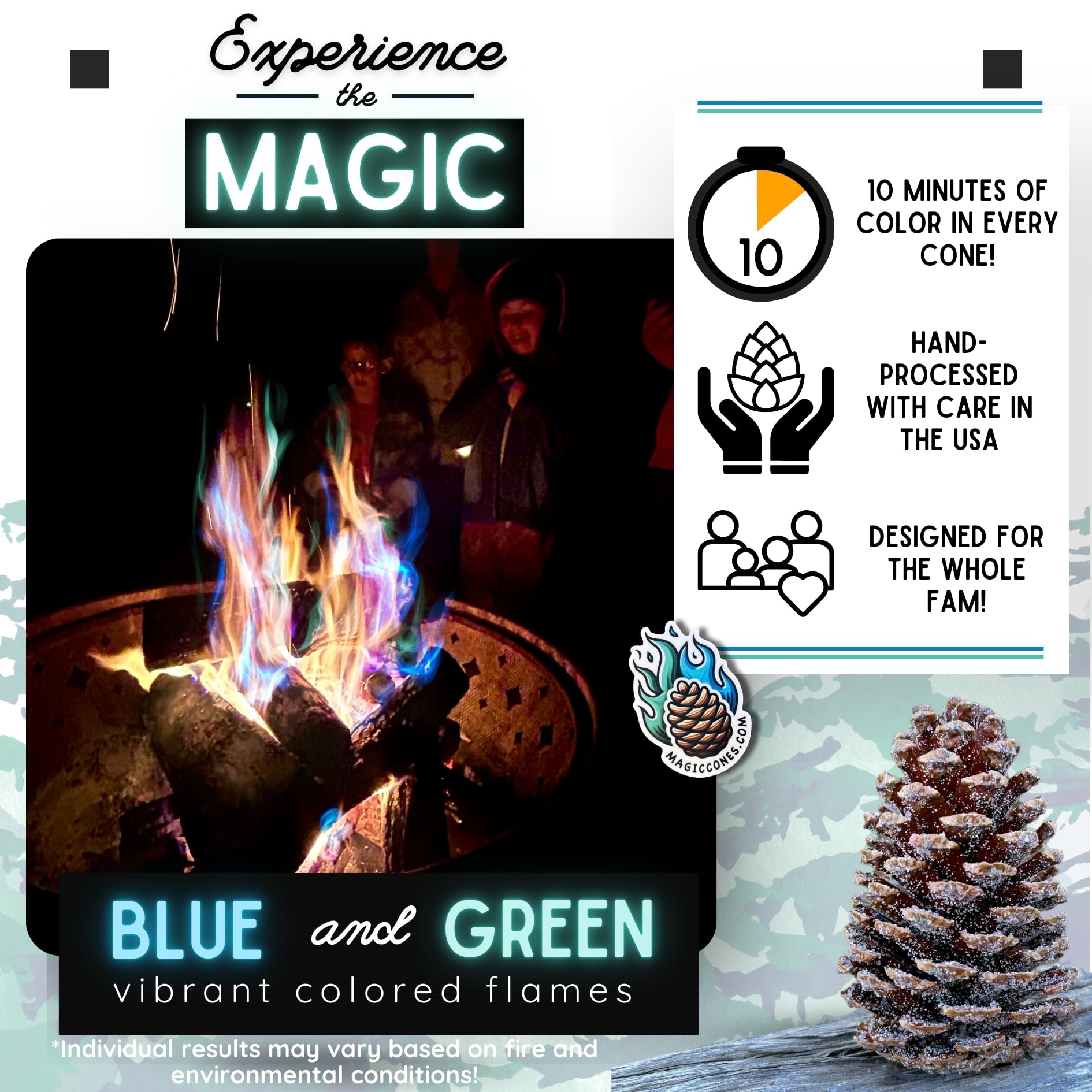 Magic Cones The Weekender Bundle-30 Color-Changing Pine Cones & Fatwood Firestarter Sticks – Perfect for Family Campfires, Bonfires, and Backyard Gatherings – USA-Made, and Fun Fire Enhancer Set