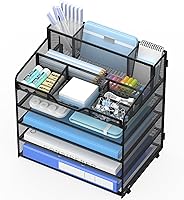Vista 1 de 5 Tier Mesh Desk Organizer,Multi Functional Letter Paper Tray with 3 Pen Holders and 5 Adjustable Storage Compartments for Office Supplies Files and