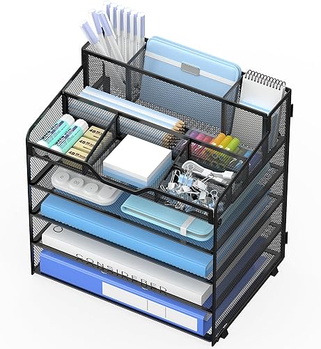 Organizador de escritorio de malla de 5 niveles, bandeja de papel multifuncional con 3 soportes para bolígrafos y 5 compartimentos de almacenamiento