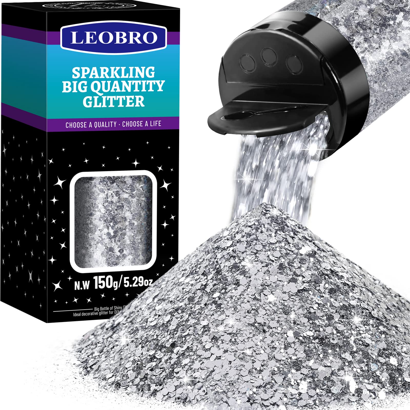 LEOBRO Silver Chunky Metallic Glitter for Resin Crafts Epoxy, Nail Art, DIY Tumbler Painting - 0.25/1/3mm