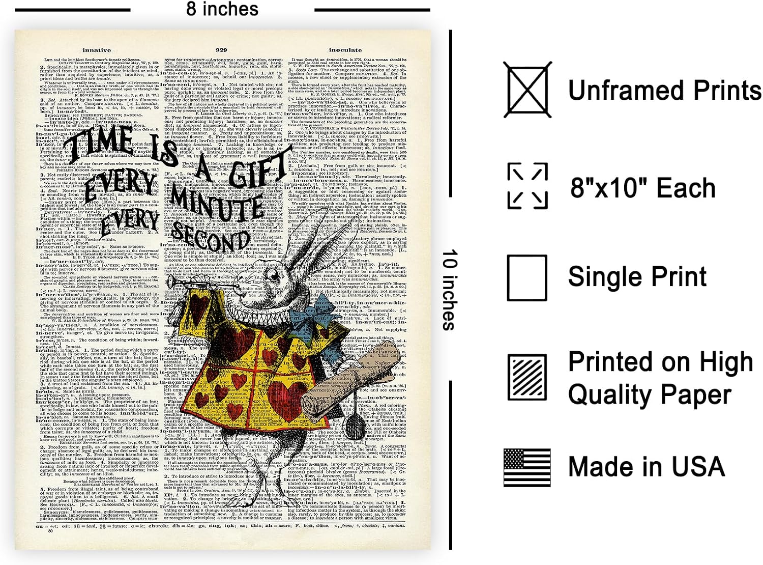 Poster Master Time Is A Gift Print - Dictionary Poster - Alice Wonderland Art - Housewarming Gift for Boy, Girl - Great Decor for Kid's Room, Bedroom, Nursery - 8x10 UNFRAMED Wall Art