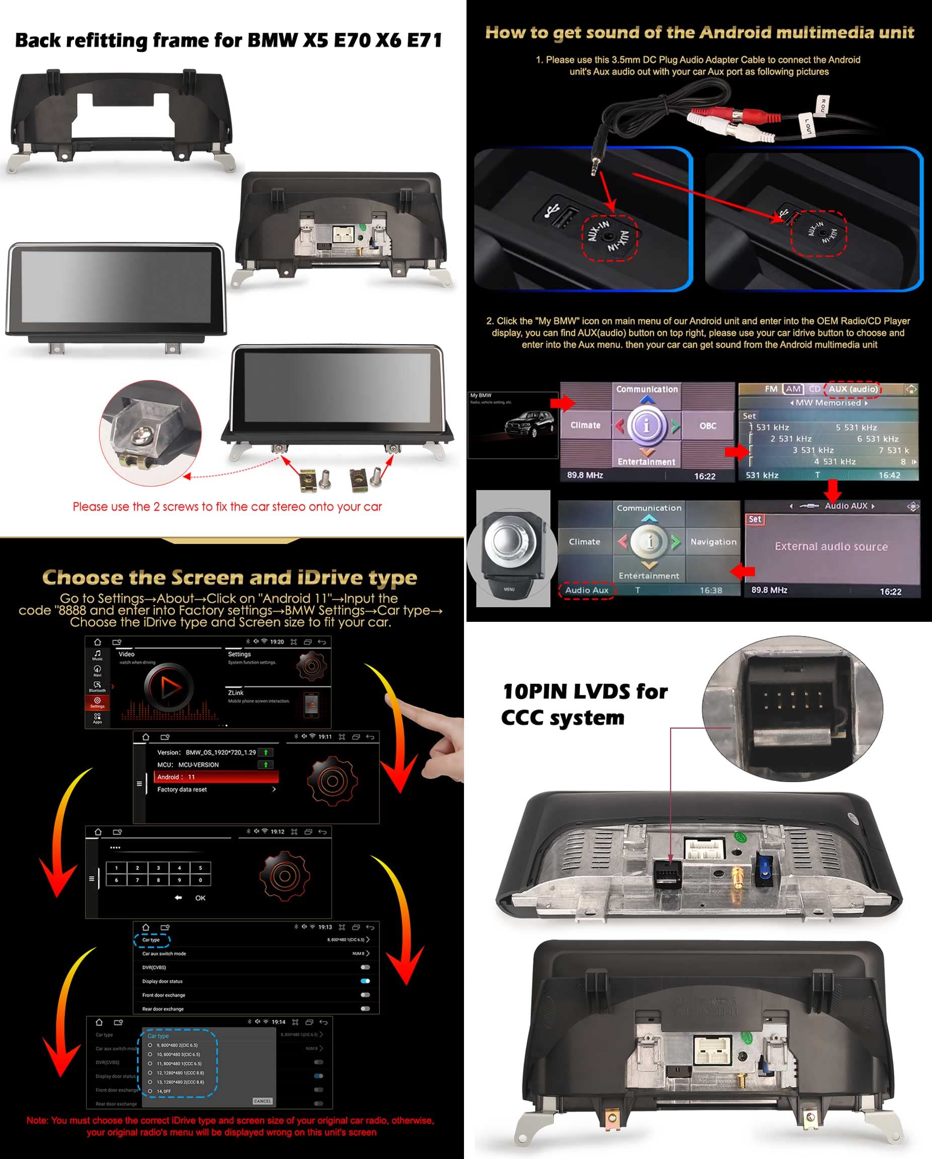 10,25" Android 14 Autoradio BMW X5 E70 X6 E71 CCC Écran CarPlay sans Fil Android Auto 4G WiFi Bluetooth Caméra Recul Commandes Volant GPS Navigateur