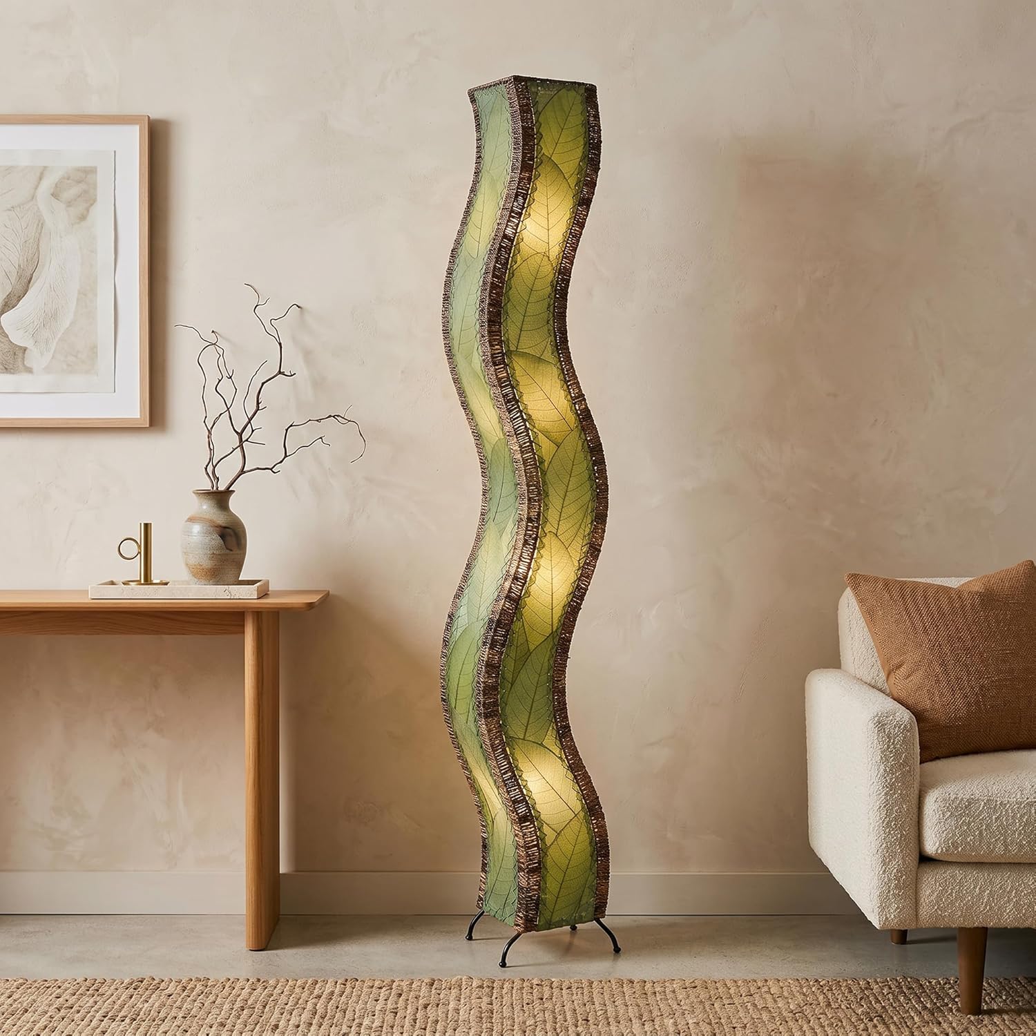 Eangee Home Design Wave Giant Floor Lamp Green Shade Made of Real Cocoa Leaves 13 Inches Length x 10 Inches Width x 72 Inches Height (457 XL g)